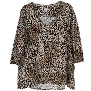 Chico’s Leopard Print Top, Cotton Blend, 3/4 Length Sleeves, Chico's Size 3 (XL)